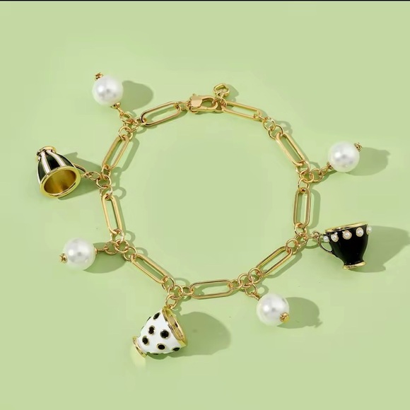 Jewelry - Gold Link Charm Bracelet with Black & White Enamel Teacup Charms and Pearls